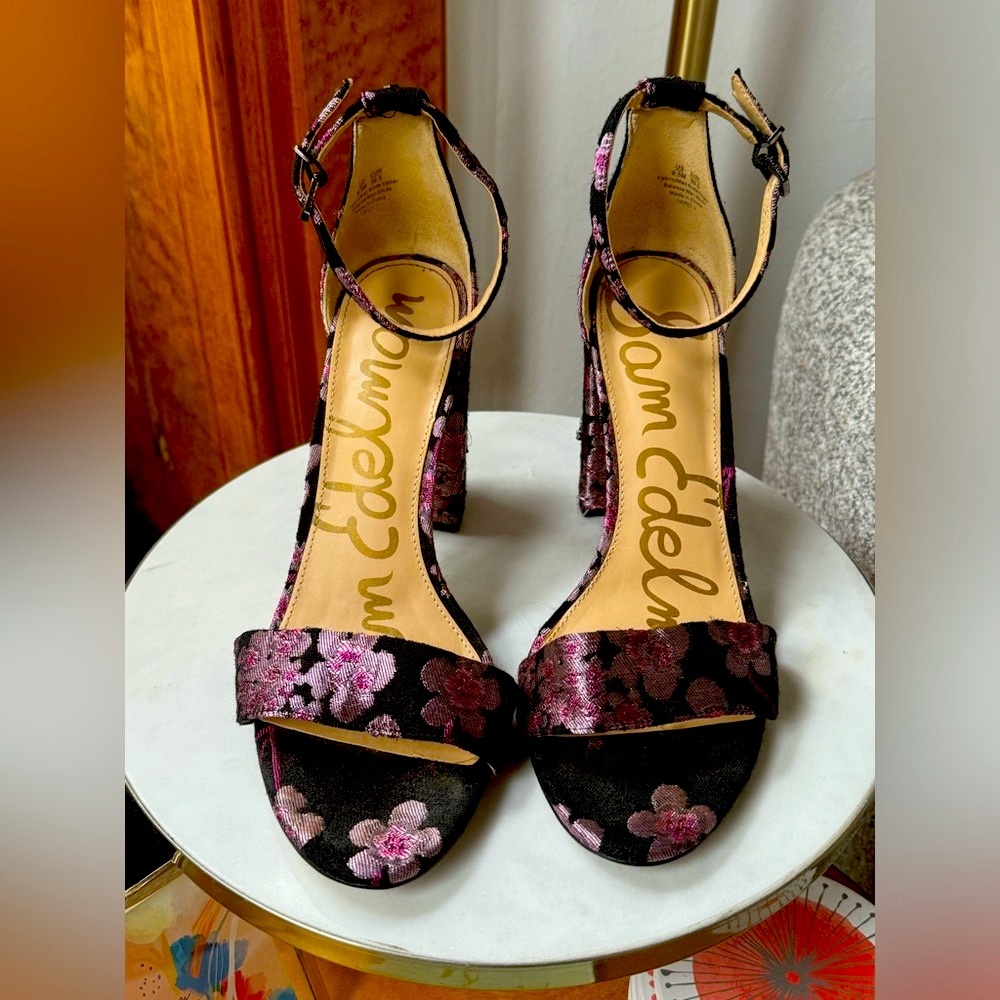 Sam Edelman Yaro Embellished Block Heels - Black + Purple Jacquard with Crystals